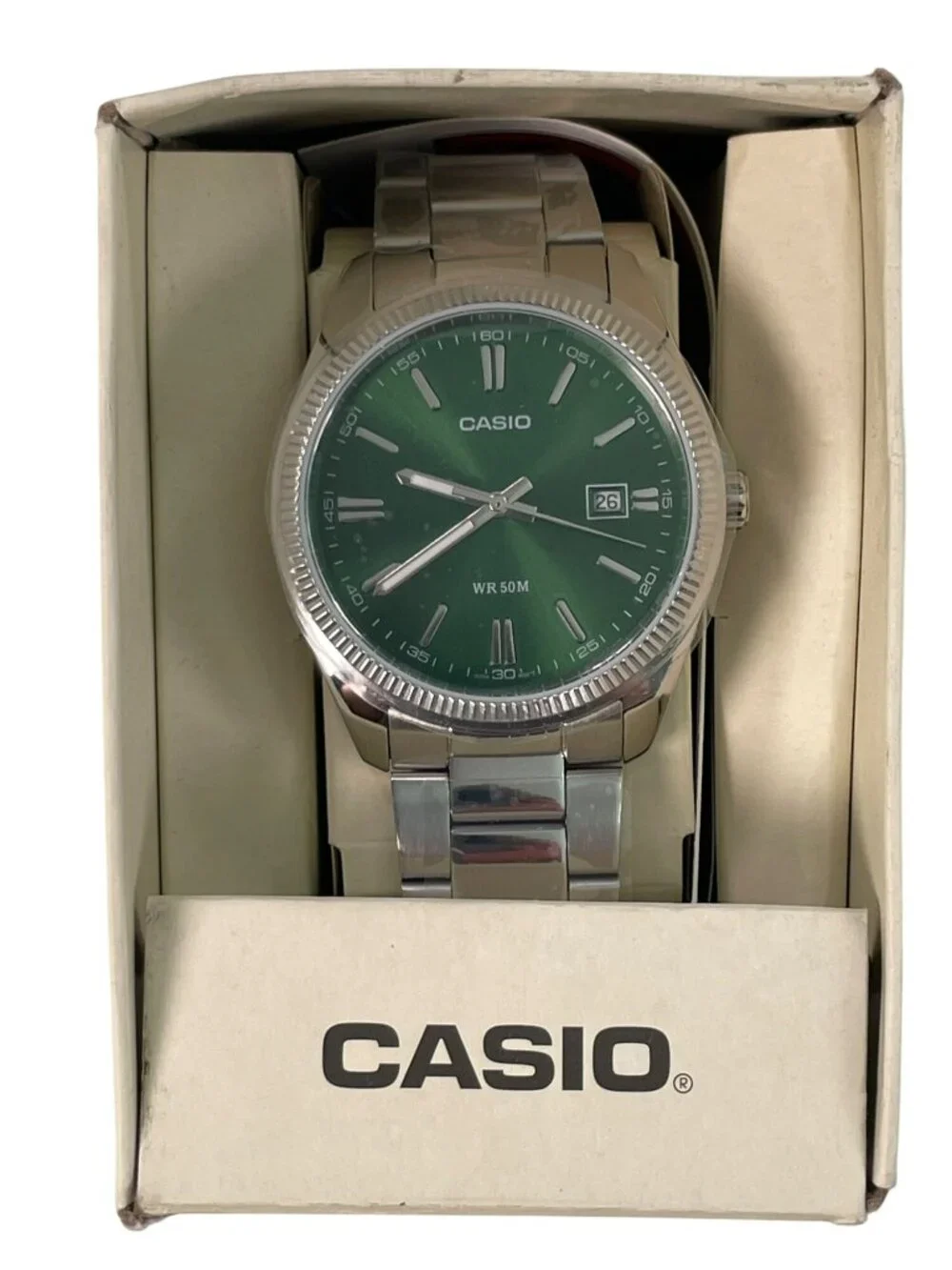 Casio Green Dial Stainless Steel Casual Watch MTP1302D-3AV WR 50M Boxed NEW